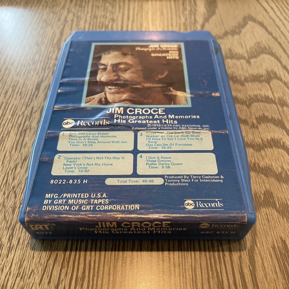 Jim Croce 8 Track Tape Photographs and Memories, His Greatest Hits, 1974 Vintage